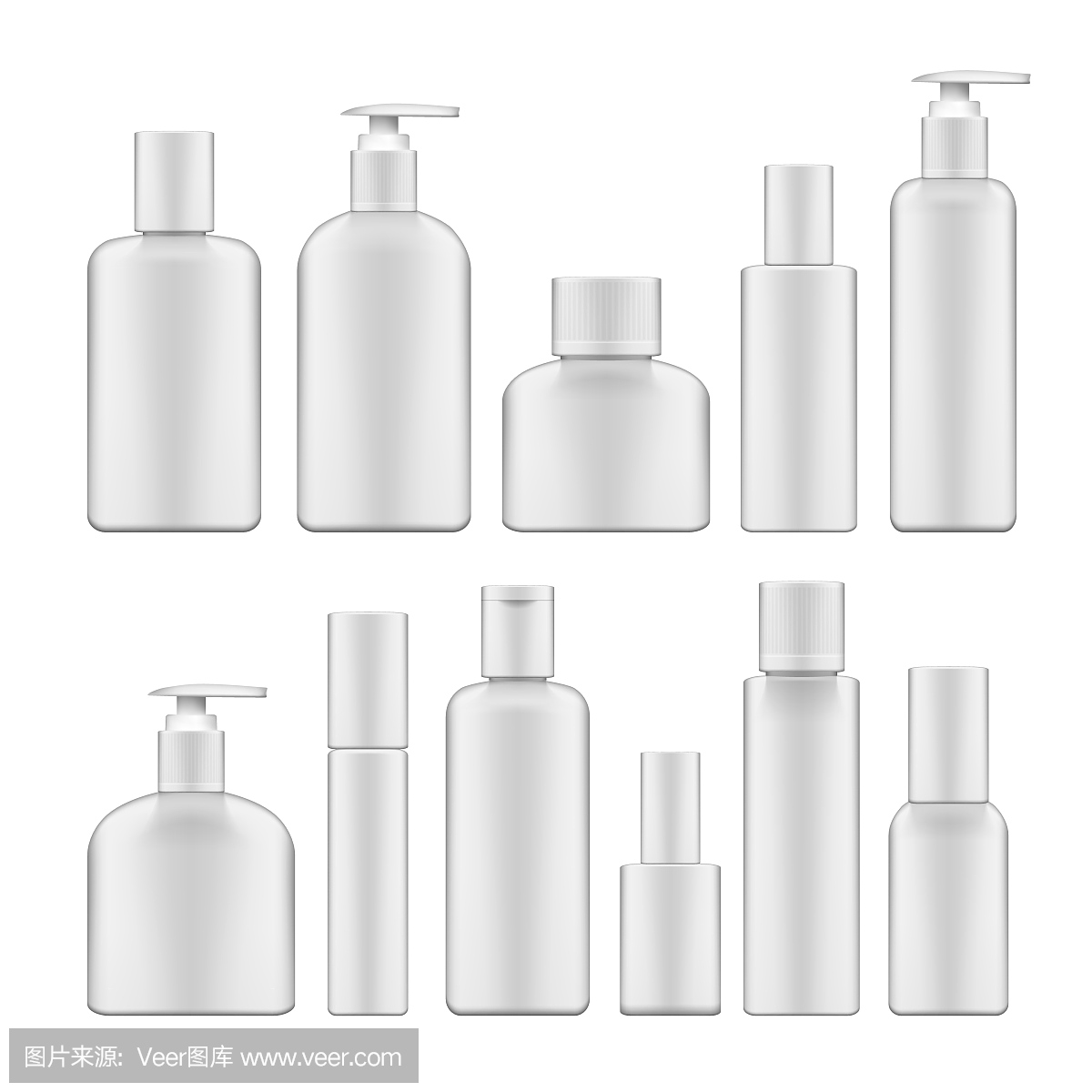 简单的空白白色塑料化妆品瓶子集